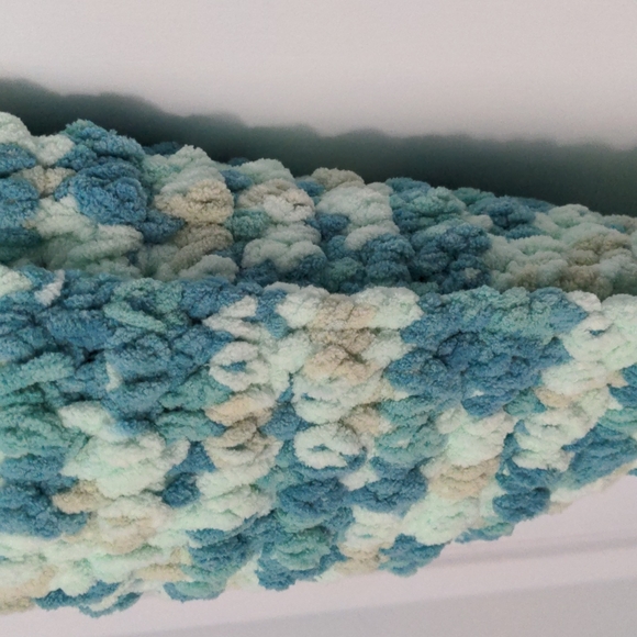 Handmade Just Made Light Blue Teal Blue and Tan Super Soft Extra Wide Scarf - Picture 5 of 6